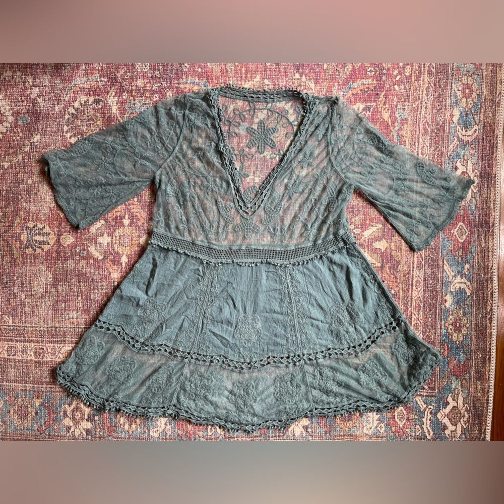 One Size Boho Teal lace crochet swim cover up—blouse—dress